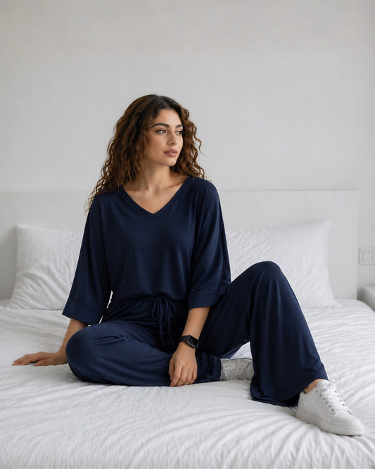 Navy Blue V-Neck Women PJ Set