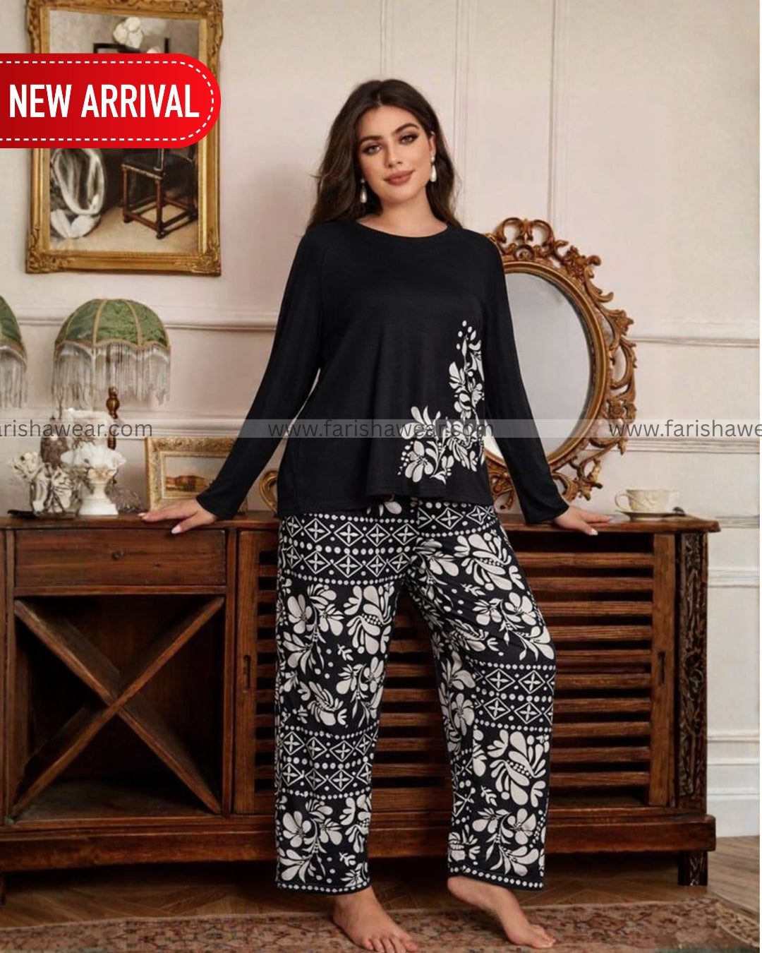 Black Leaves Printed Night Suit