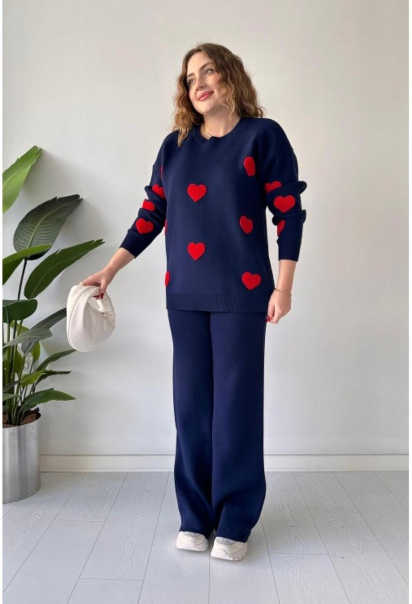 Navy Blue with Red Heart Printed Fleece Co-ords Set