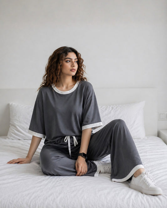 Grey White Round Neck Palazzo PJ Set