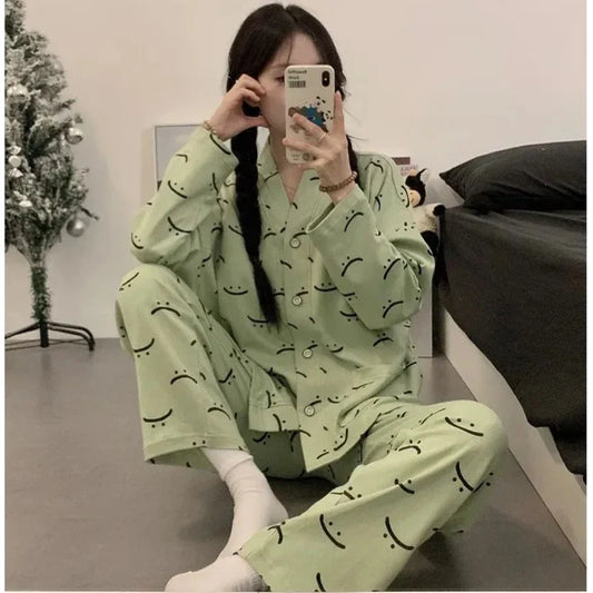 Green Autumn Smiley V-Neck Button Printed Night Suit