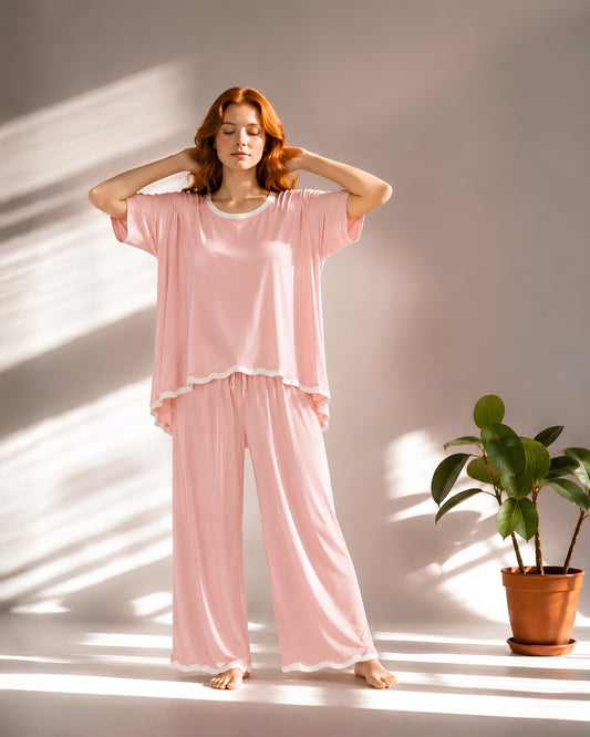 Rose Pink Half Sleeves Palazzo PJ Set