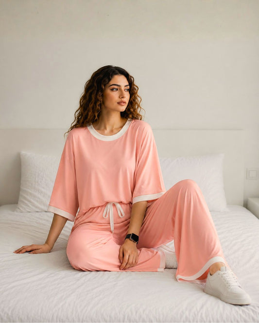 Rose Pink White Round Neck Palazzo PJ Set