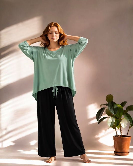 Sea Green With Black V-Neck Plazzo Suit PJ Set