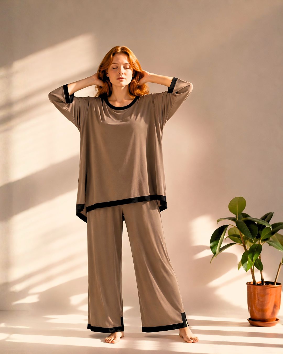 Coffee Brown Black Round Neck Palazzo PJ Set