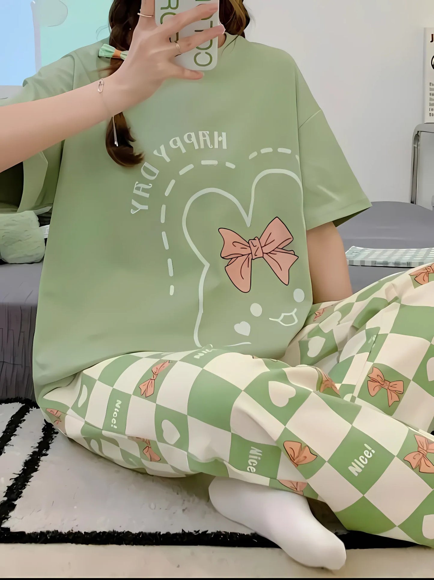Olive Green Printed Night Suit