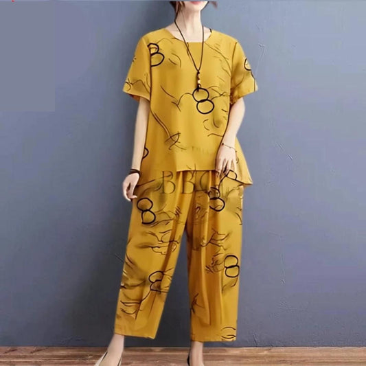 Yellow Ring Printed Capri Night Suit