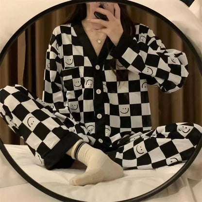 Black with White Smiley Printed V-Neck Button Printed Night Suit