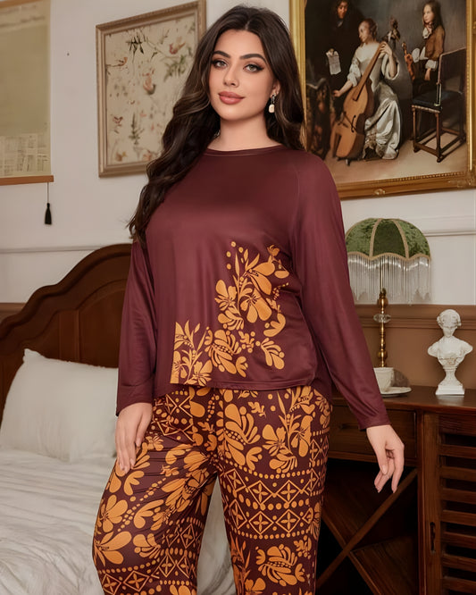 Maroon Leaves Printed Night Suit