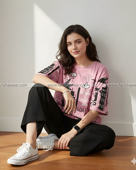 Pink Planet Music With Black Pajama Printed Night Suit