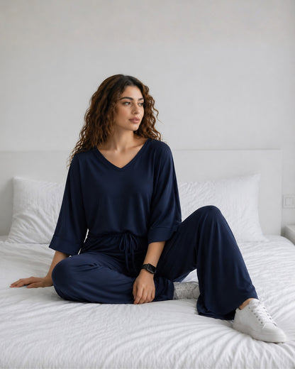 Navy Blue V-Neck Women PJ Set