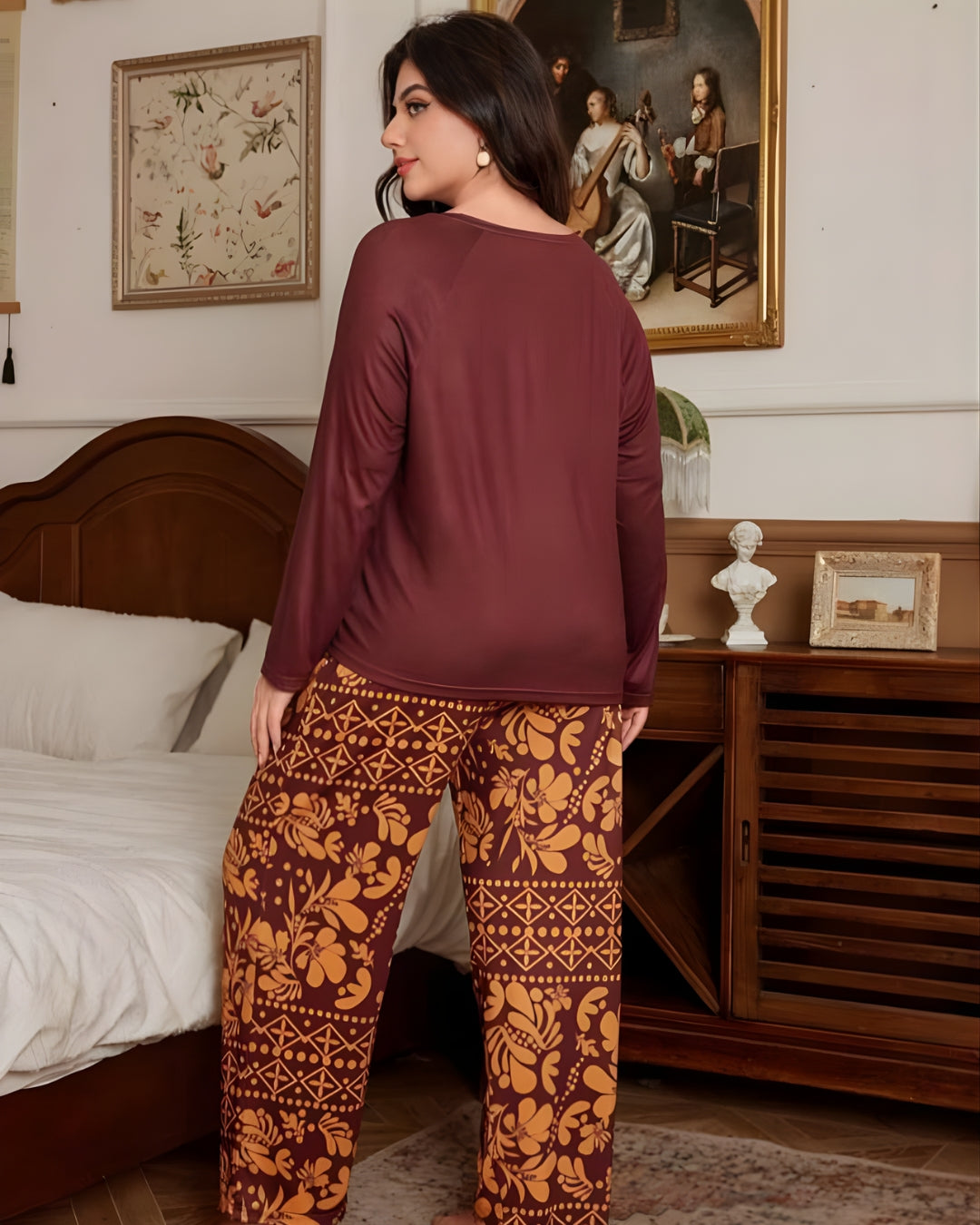 Maroon Leaves Printed Night Suit