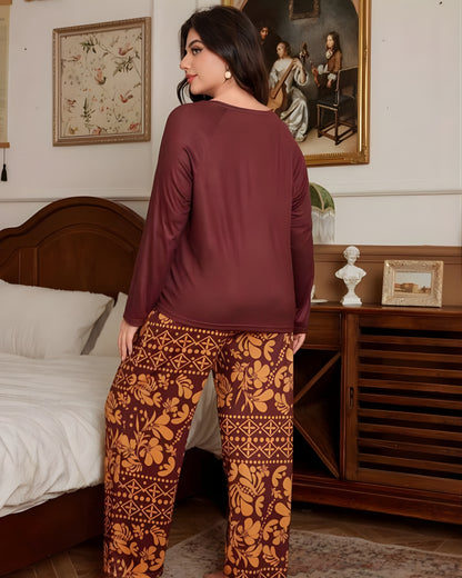 Maroon Leaves Printed Night Suit