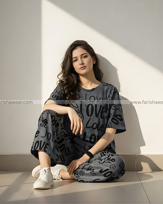 Charcoal Drop Shoulder Love Printed  Night Suit