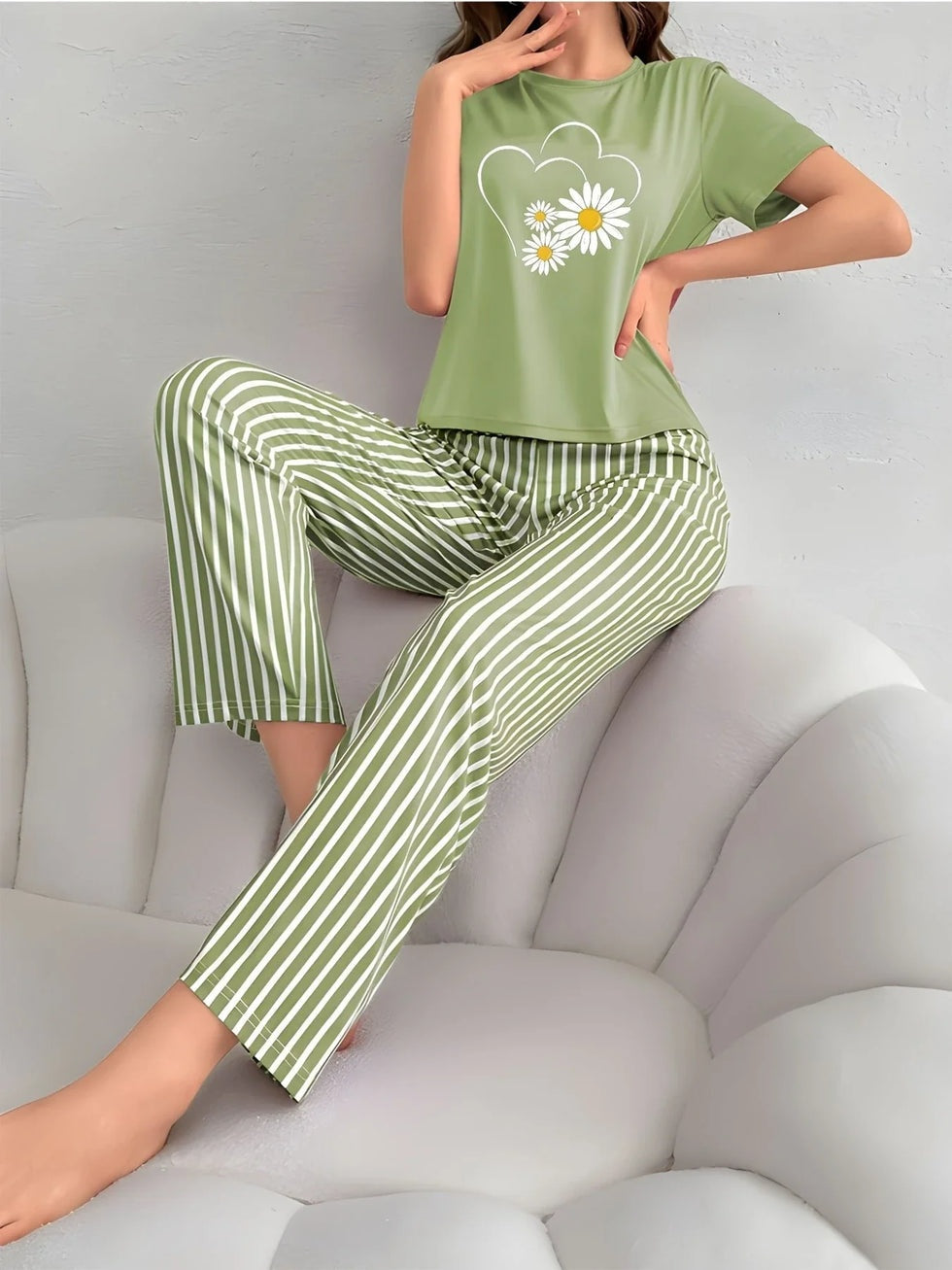 Green Sunflowers Heart Printed Night Suit