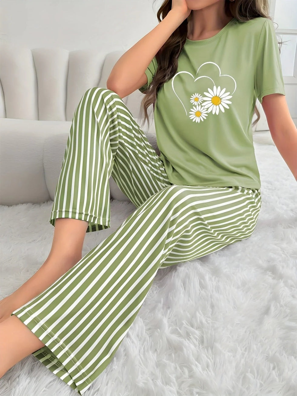 Green Sunflowers Heart Printed Night Suit