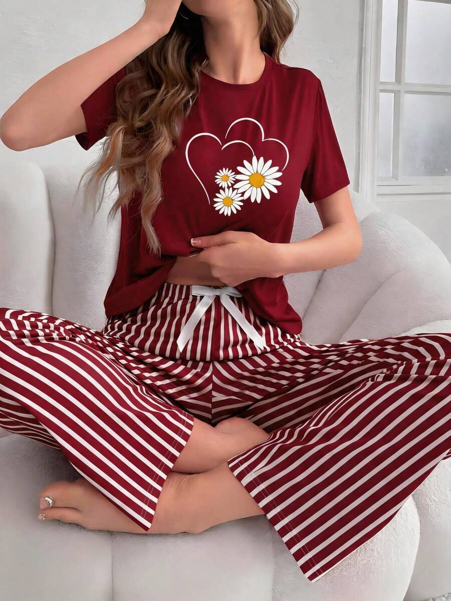 Maroon Sunflowers Heart Printed Night Suit