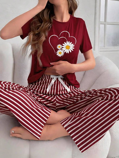 Maroon Sunflowers Heart Printed Night Suit