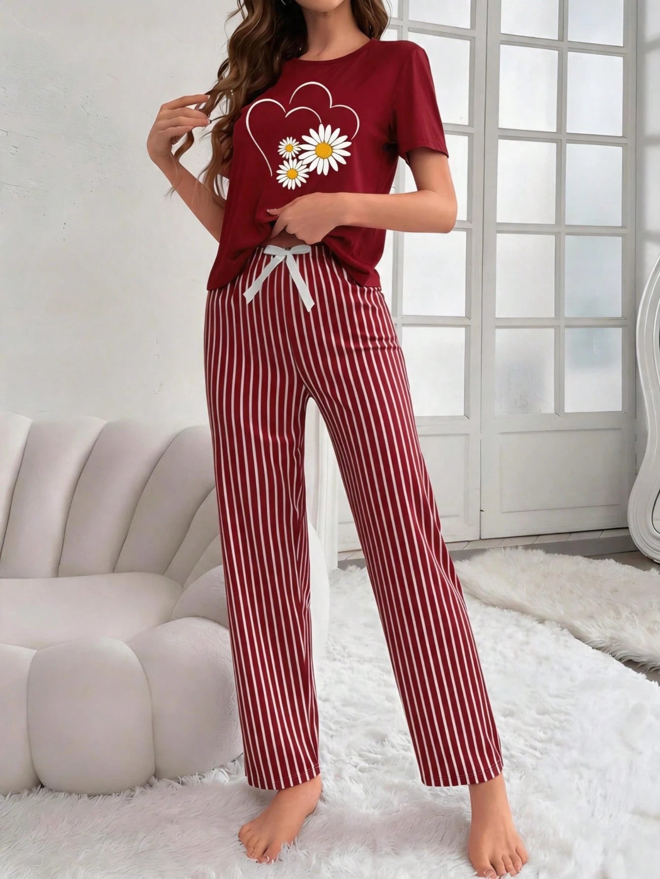 Maroon Sunflowers Heart Printed Night Suit