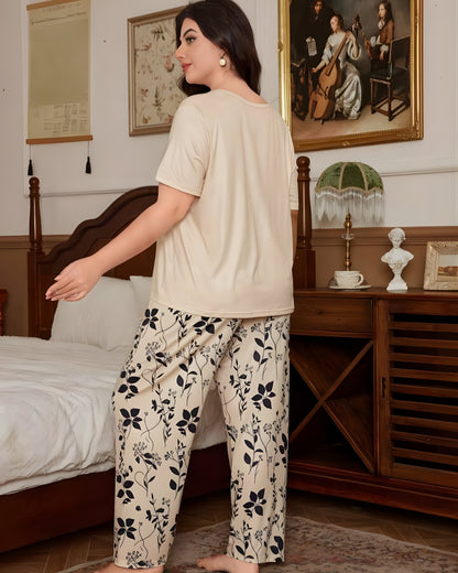 Cream Leaf Printed Night Suit Half Sleeves