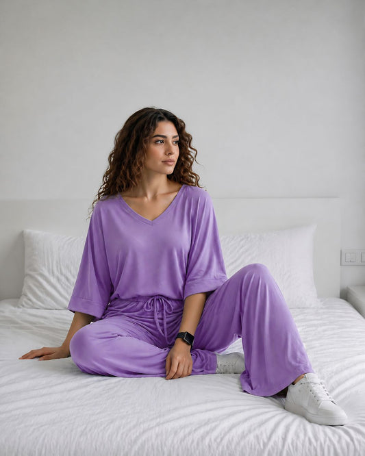 Purple V-Neck Palazzo PJ Set