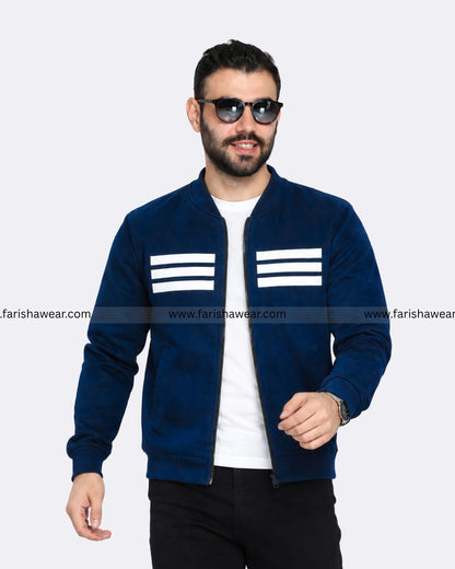 Navy Blue Three Stripe Printed Zipper Jacket