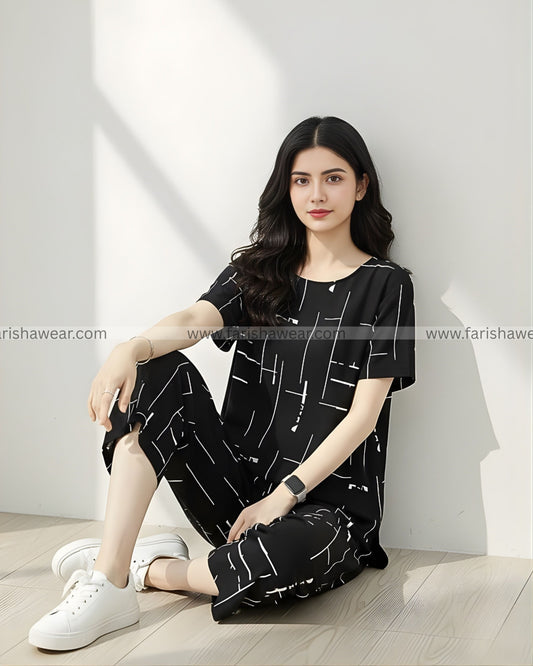 Black Printed Capri Night Suit