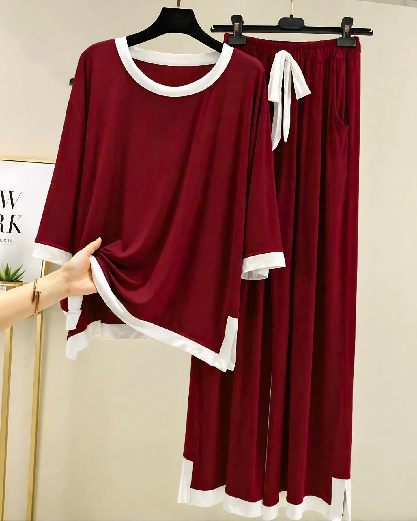 Maroon White Round Neck Palazzo PJ Set