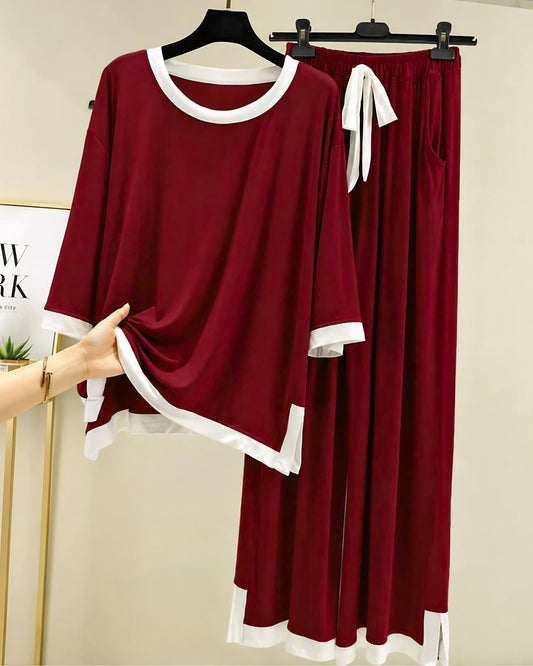 Maroon White Round Neck Palazzo PJ Set