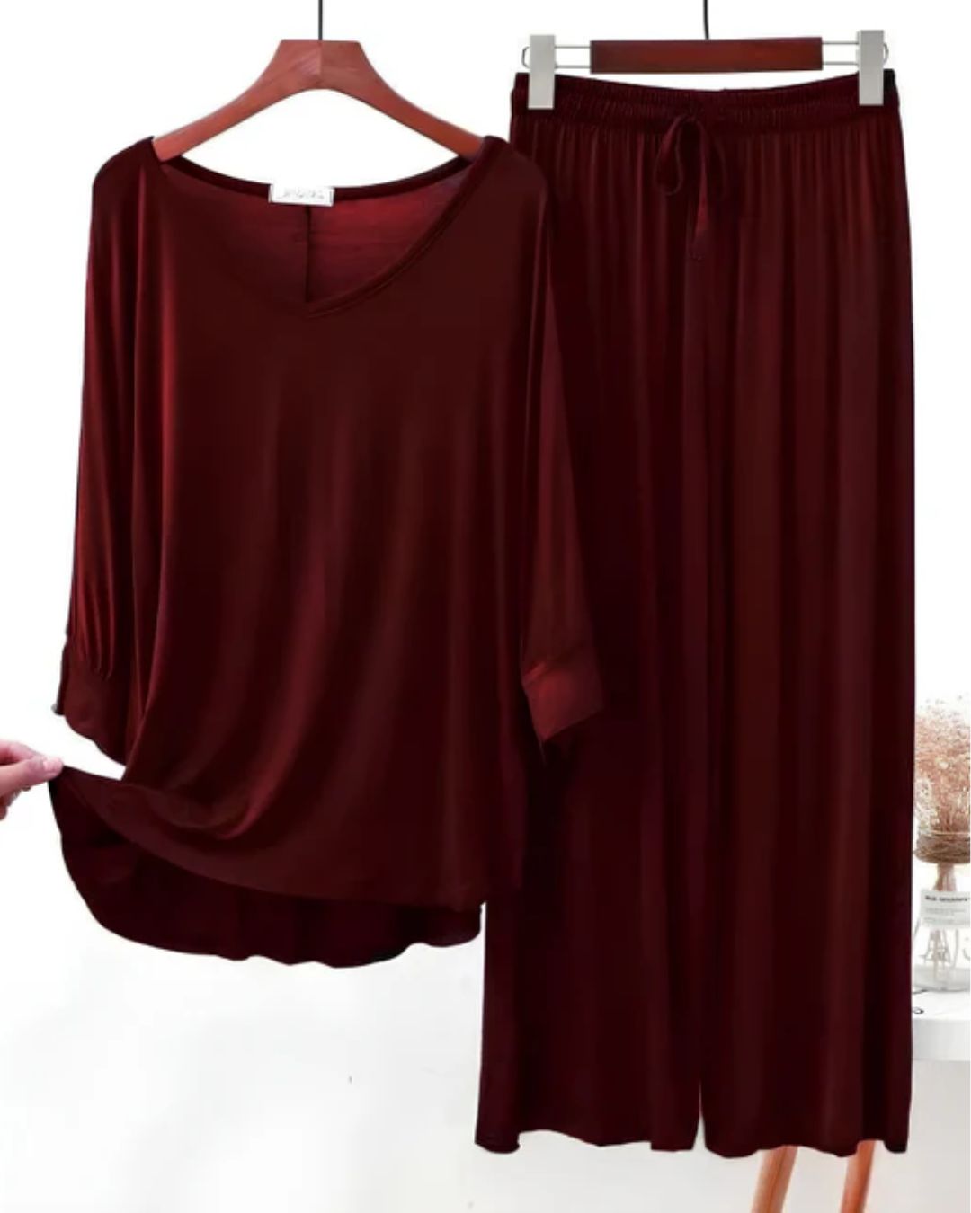 Maroon V-Neck Palazzo PJ Set