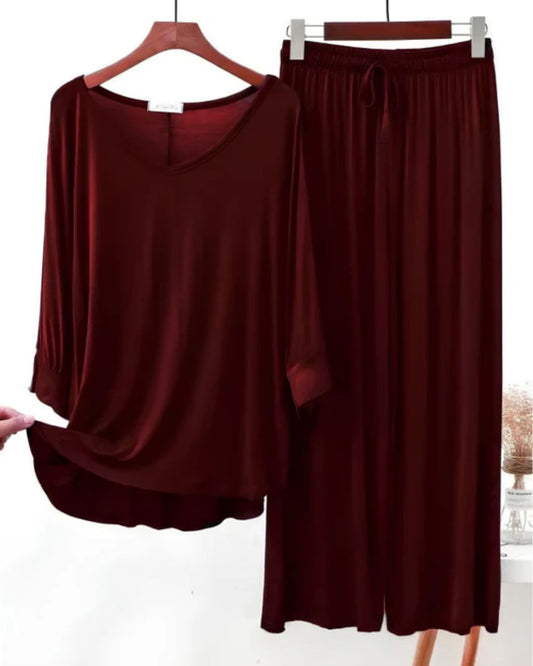 Maroon V-Neck Palazzo PJ Set
