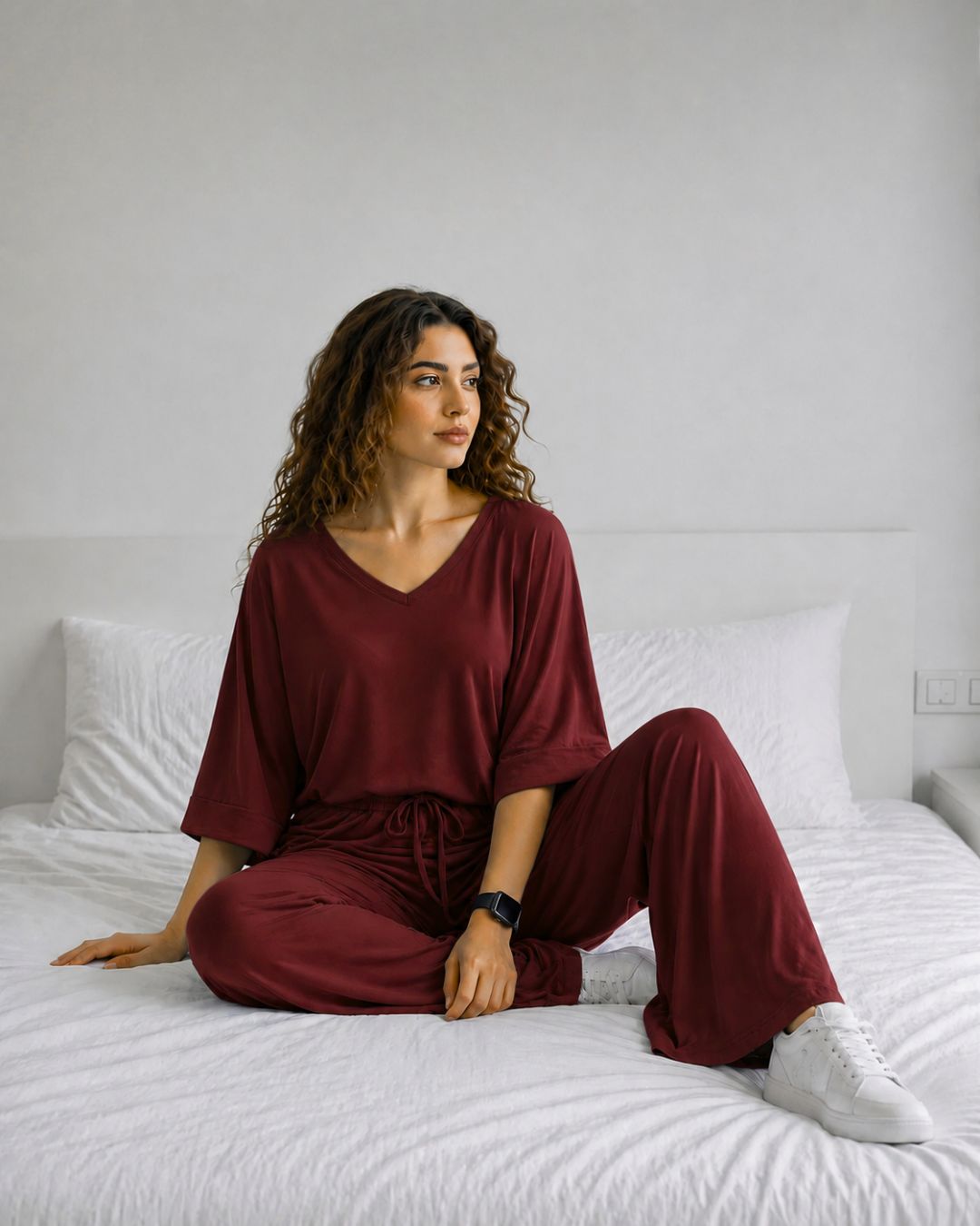 Maroon V-Neck Palazzo PJ Set