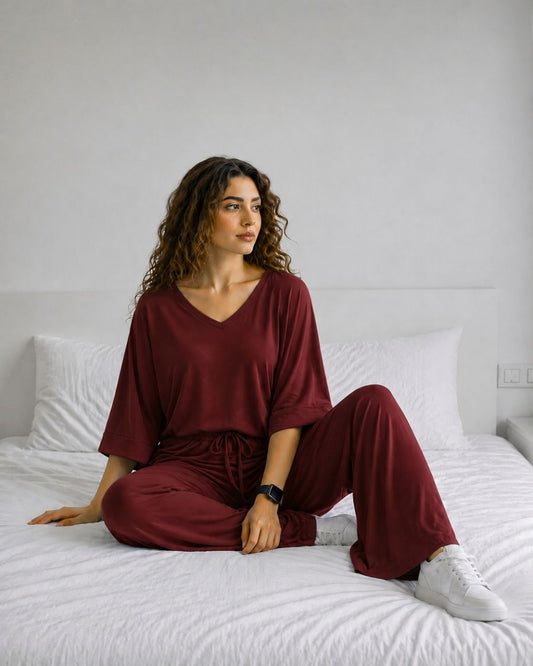 Maroon V-Neck Palazzo PJ Set