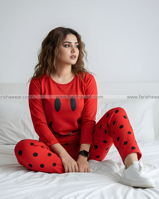 Red Smiley Full Sleeves Printed Pajama Night Suit