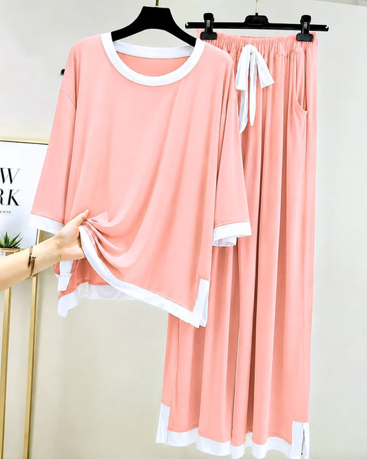 Rose Pink White Round Neck Palazzo PJ Set