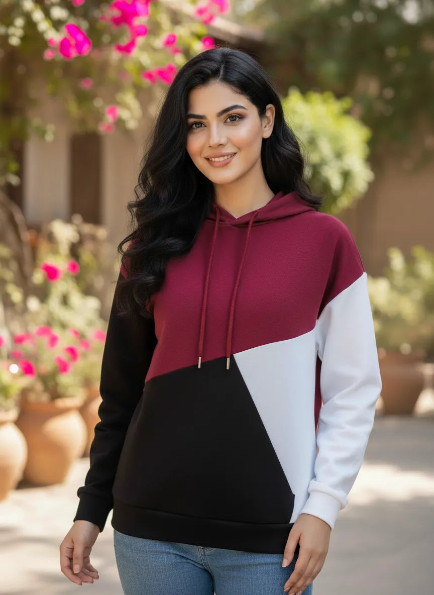 Maroon Black and White Cut and Sew Kangaroo Hoodie