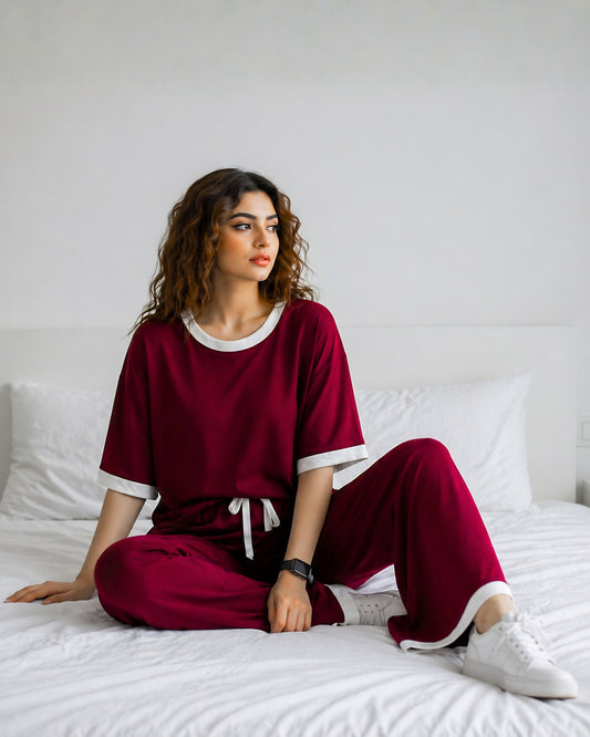 Maroon White Round Neck Palazzo PJ Set