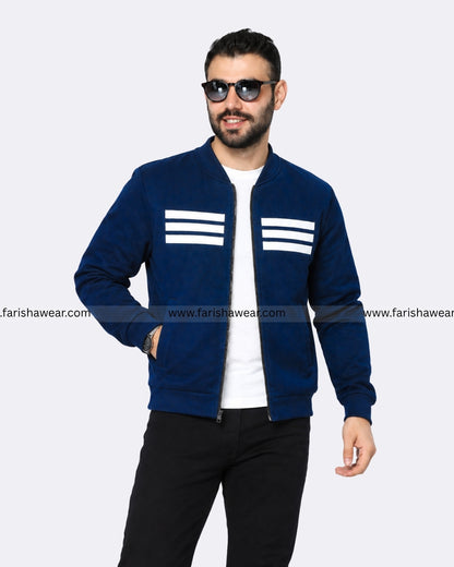Navy Blue Three Stripe Printed Zipper Jacket