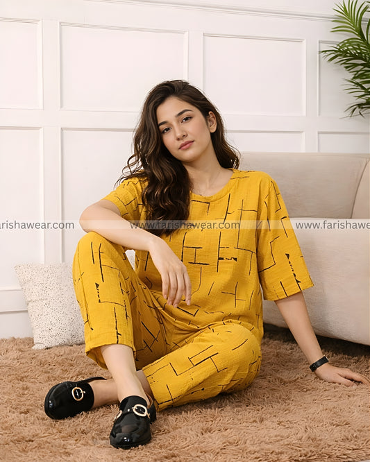 Yellow Printed Capri Night Suit