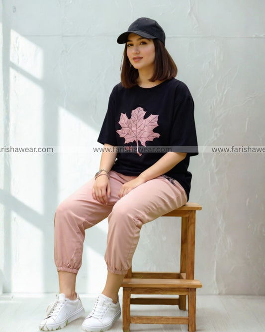 Pink Maple Leaf Printed Track Suit