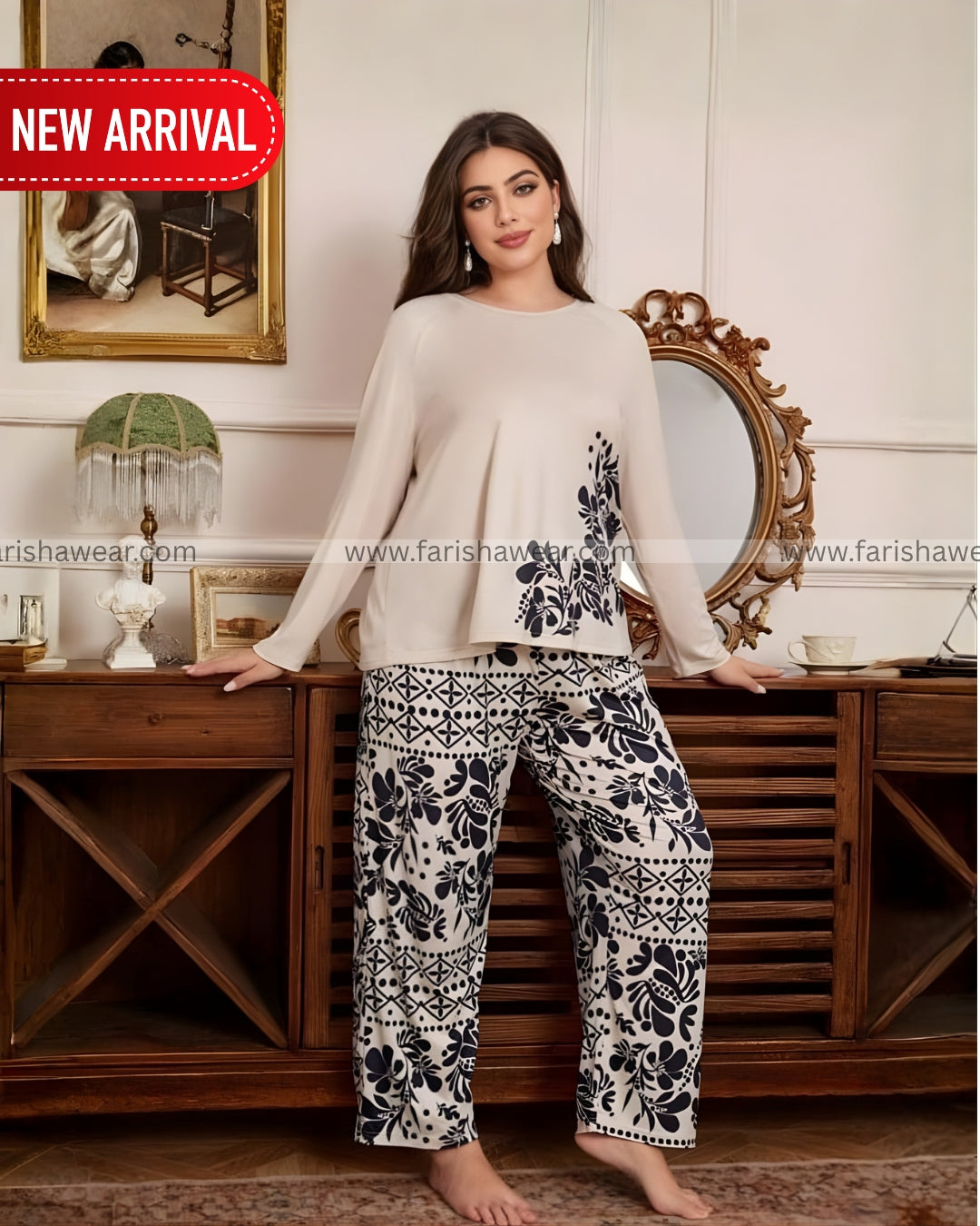 White Leaves Printed Night Suit