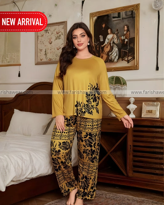 Golden Leaves Printed Night Suit