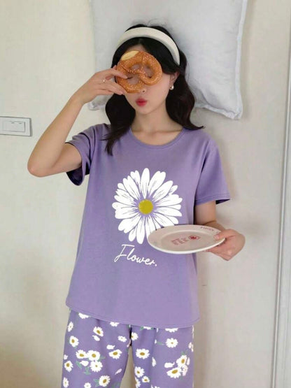 Purple Floral Printed Night Suit