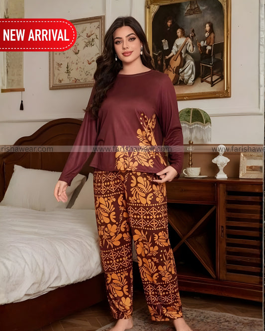 Maroon Leaves Printed Night Suit