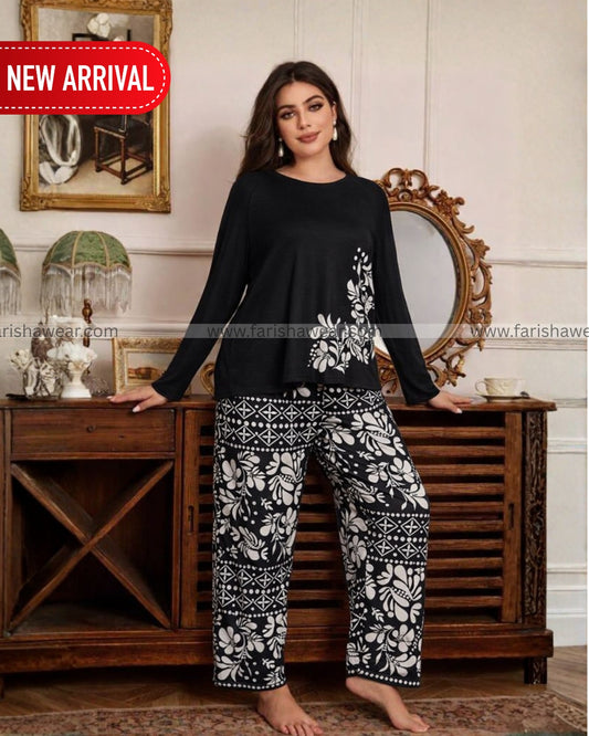 Black Leaves Printed Night Suit