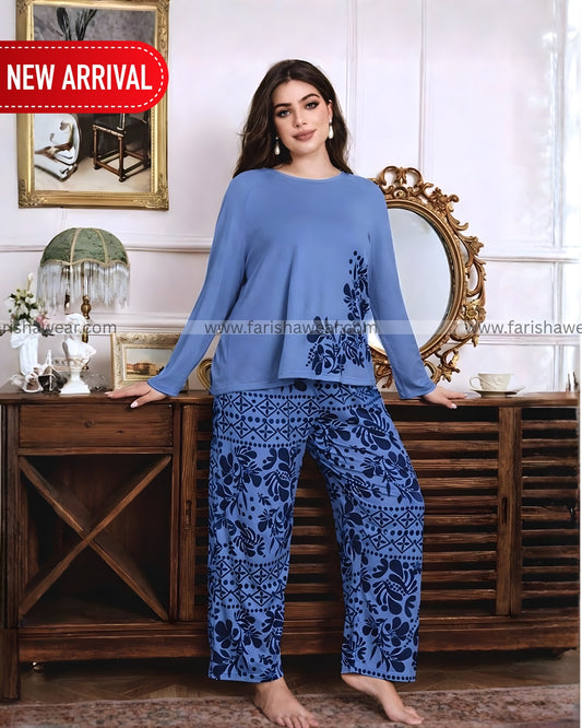 Sky Blue Leaves Printed Night Suit