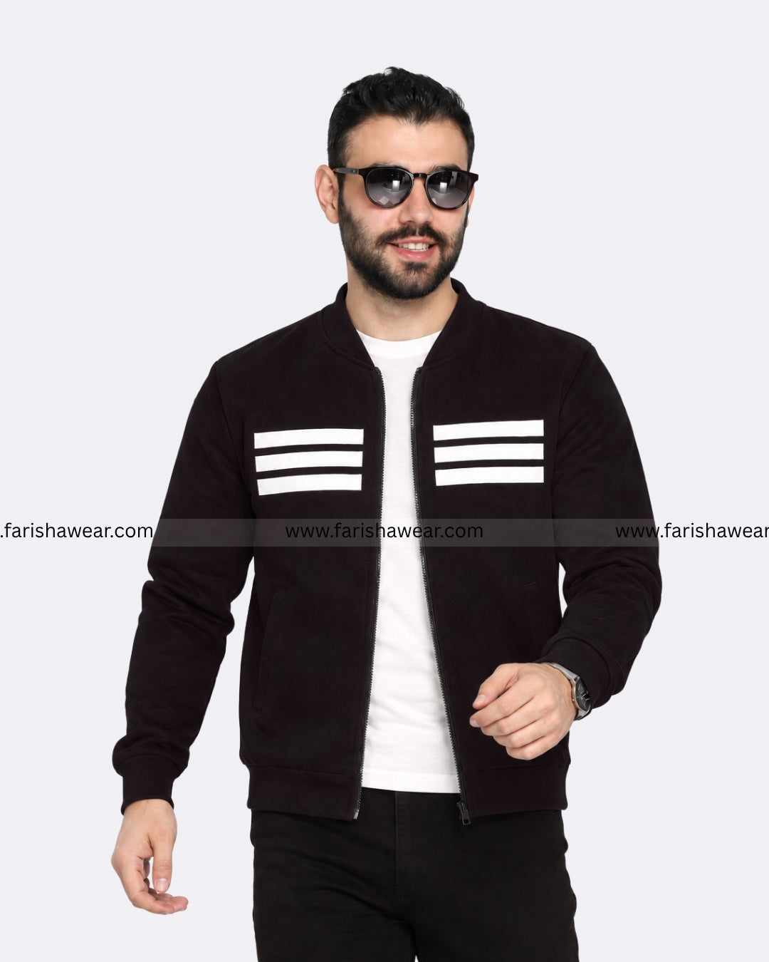 Black Three Stripe Printed Zipper Jacket