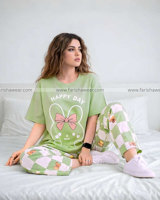 Olive Green Printed Night Suit