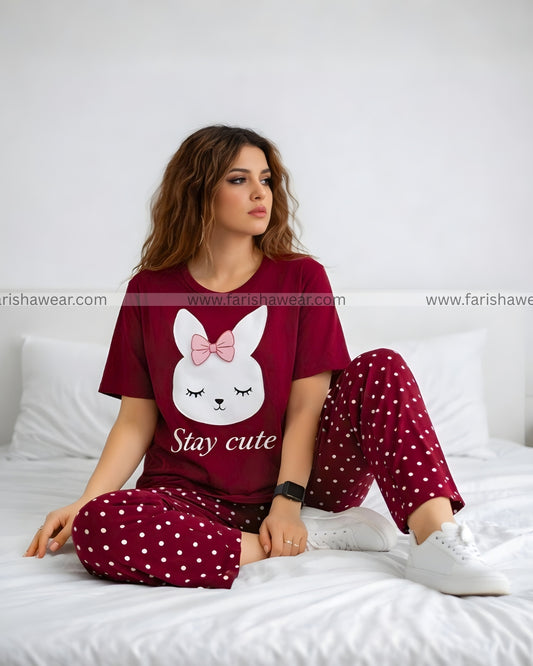 Maroon Stay Cute Printed Night Suit
