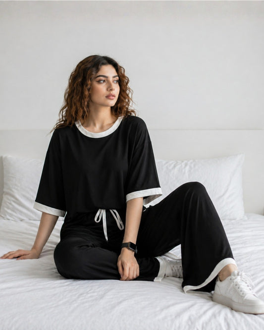 Black White Round Neck Palazzo PJ Set